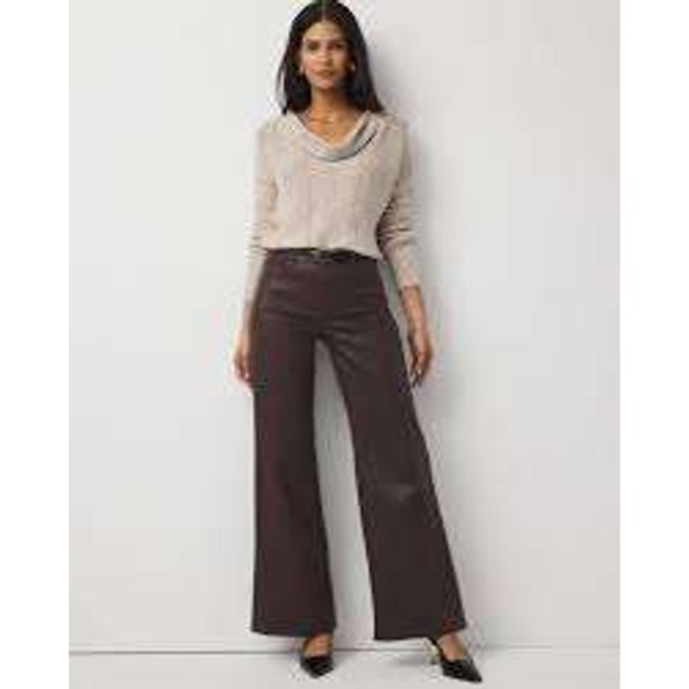 White House Black Market Coated Wide Leg Pants Womes 12R Brown High Rise